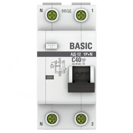 Автоматический выключатель дифференциального тока 1P+N 40А 30мА тип АС х-ка C эл. 4,5кА АД-12 Basic#2