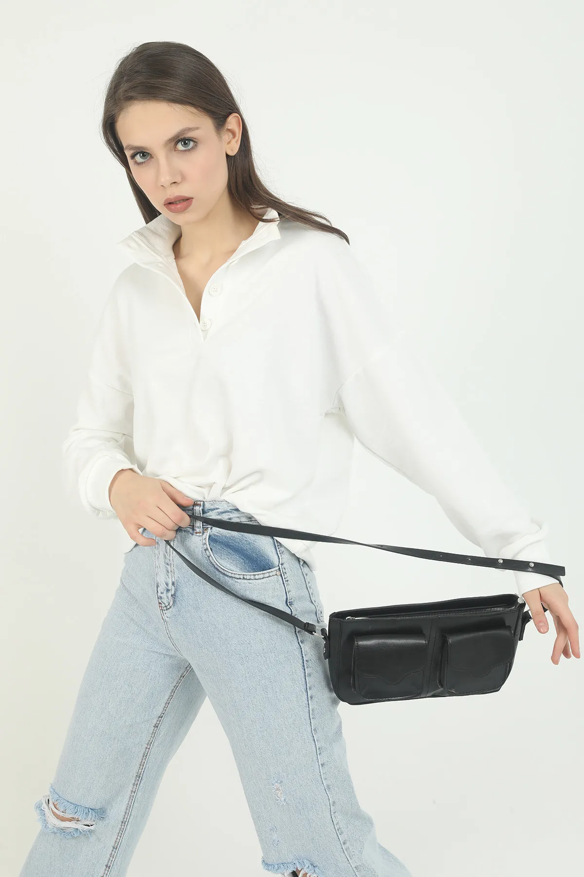 Женская сумка через плечо baguette с карманом - черный shk bag#4