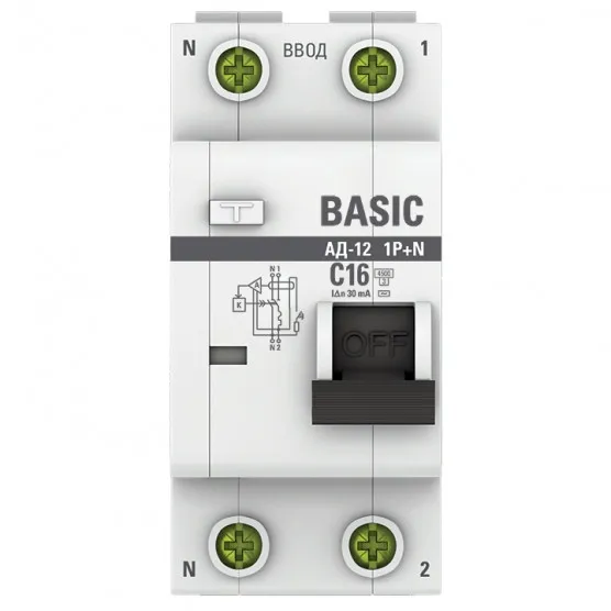 Автоматический выключатель дифференциального тока 1P+N 16А 30мА тип АС х-ка C эл. 4,5кА АД-12 Basic#2