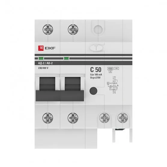 Дифференциальный автомат АД-2 50А/100мА (хар. C, AC, электронный) 4,5кА EKF PROxima#2