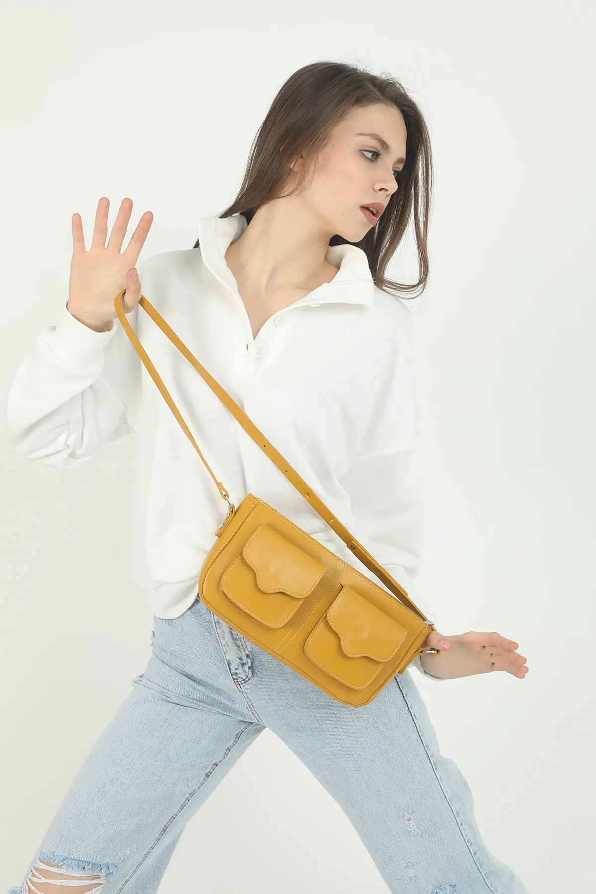 Женская сумка через плечо baguette с карманом - желтый shk bag#2