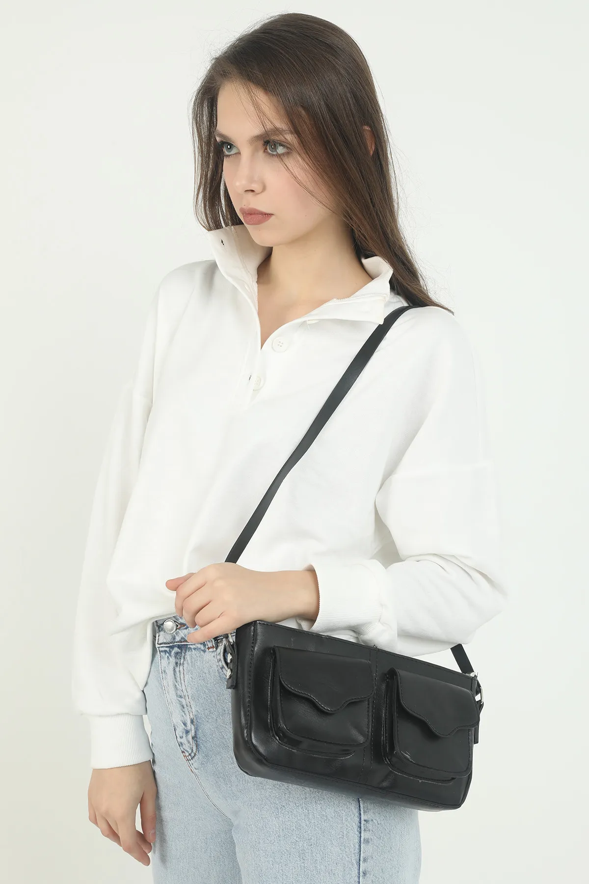 Женская сумка через плечо baguette с карманом - черный shk bag#2