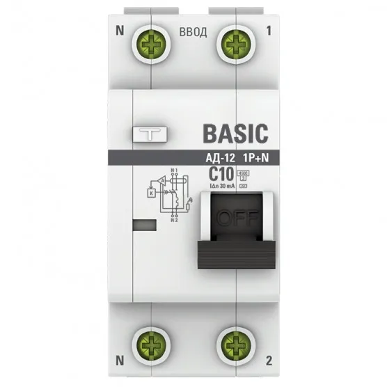 Автоматический выключатель дифференциального тока 1P+N 10А 30мА тип АС х-ка C эл. 4,5кА АД-12 Basic#2