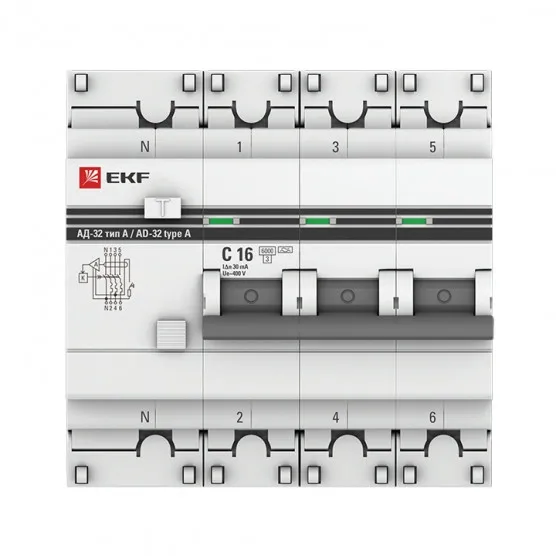 Дифференциальный автомат АД-32 3P+N 16А/30мА (хар. C, A, электронный, защита 270В) 6кА EKF PROxima#2