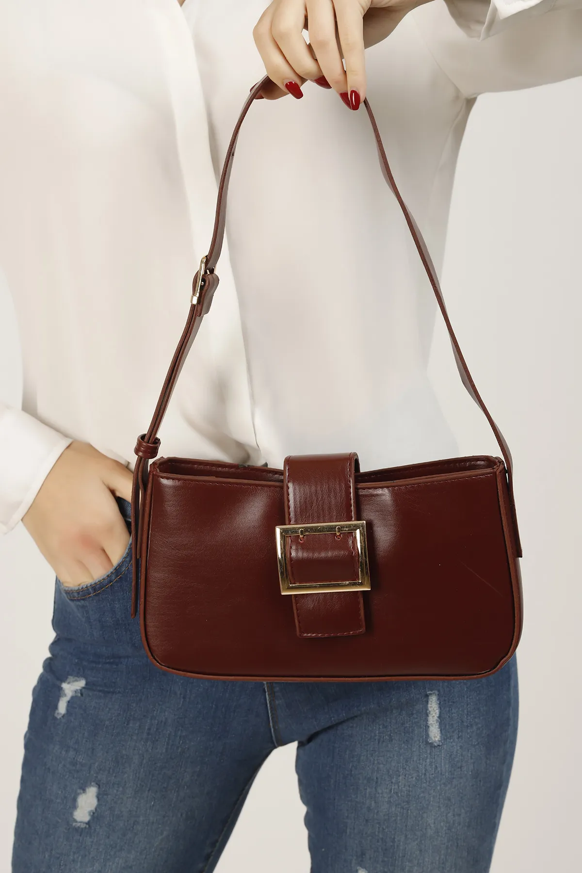 Женская сумка через плечо baguette с магнитной застежкой и пряжкой - бордовый shk bag#2