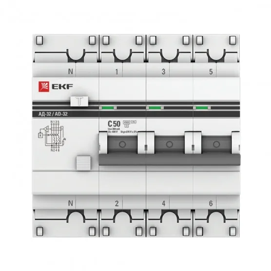 Дифференциальный автомат АД-32 3P+N 50А/300мА (хар. C, AC, электронный, защита 270В) 4,5кА EKF PROxima#2
