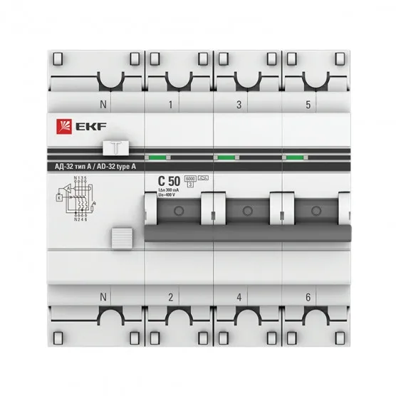 Дифференциальный автомат АД-32 3P+N 50А/300мА (хар. C, A, электронный, защита 270В) 6кА EKF PROxima#2