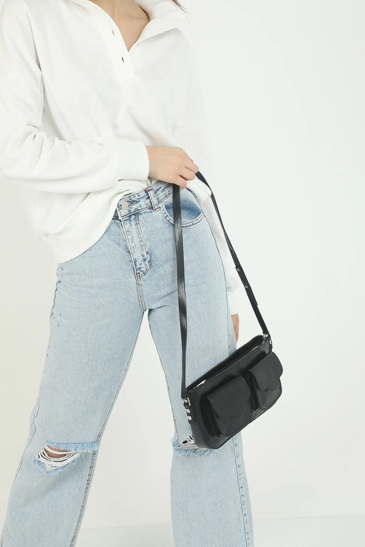 Женская сумка через плечо baguette с карманом - черный shk bag#3