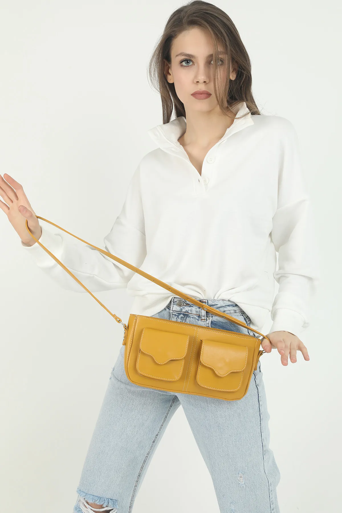 Женская сумка через плечо baguette с карманом - желтый shk bag#4