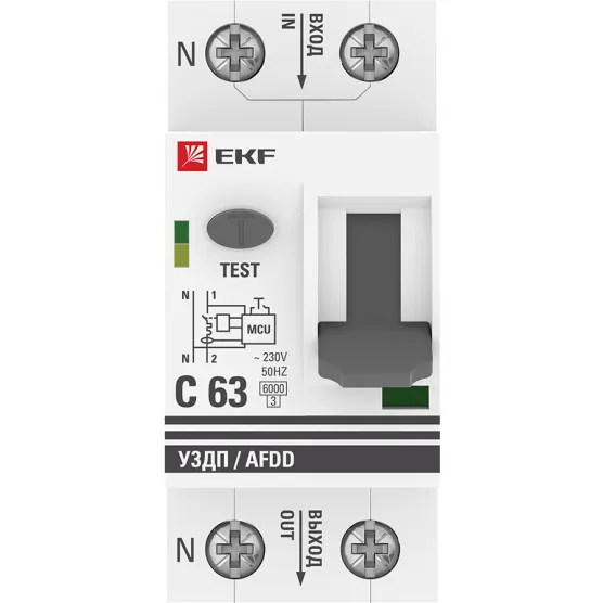 Устройство защиты от дугового пробоя (УЗДП) с автоматическим выключателем 1P+N 63А (C) 6кА EKF PROxima#2