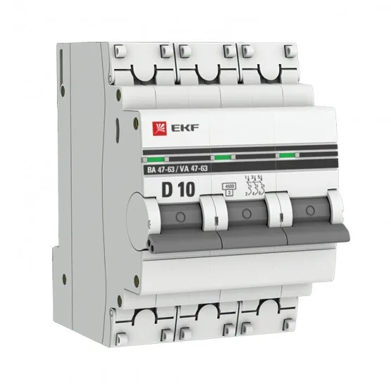 Автоматический выключатель 3P 10А (D) 4,5kA ВА 47-63 EKF PROxima#2