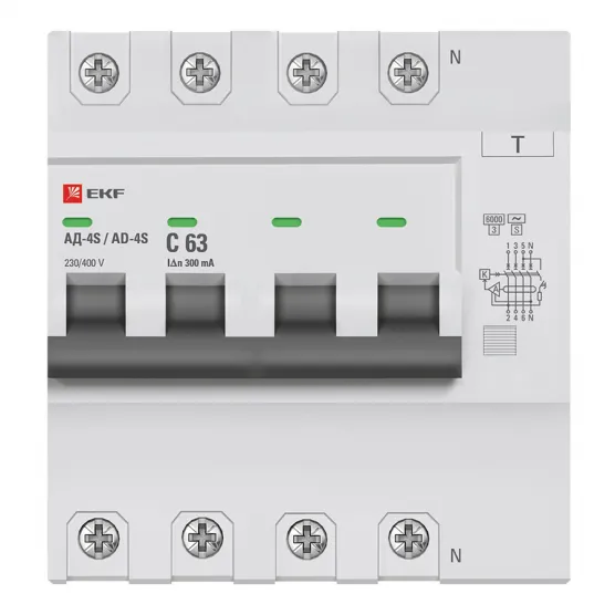 Дифференциальный автомат АД-4 S 63А/300мА (хар. C, AC, электронный, защита 270В)6кА EKF PROxima#2