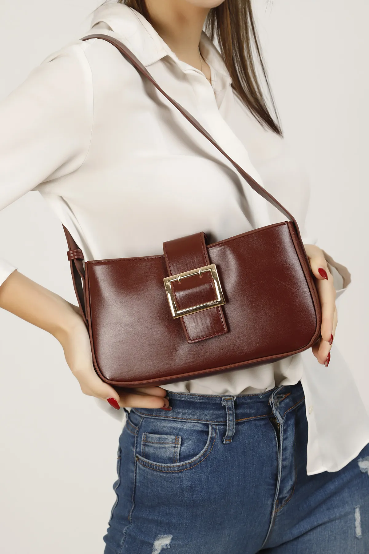 Женская сумка через плечо baguette с магнитной застежкой и пряжкой - бордовый shk bag#4
