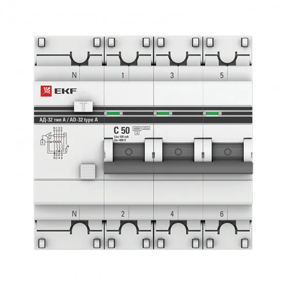 Дифференциальный автомат АД-32 3P+N 50А/100мА (хар. C, A, электронный, защита 270В) 6кА EKF PROxima#2