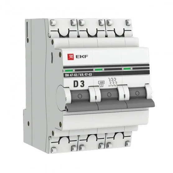 Автоматический выключатель 3P 3А (D) 4,5kA ВА 47-63 EKF PROxima#1