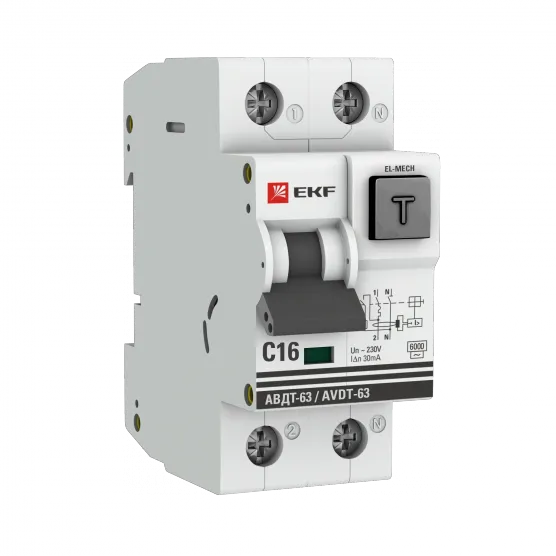 Дифференциальный автомат АВДТ-63 16А30мА (характеристика C, эл-мех, тип А) 6кА EKF PROxima#1