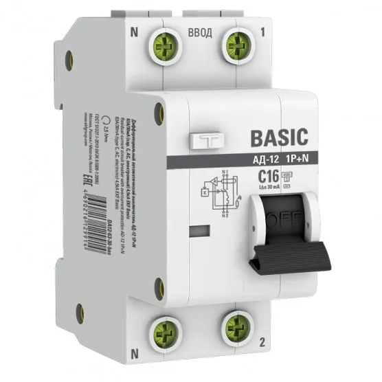 Автоматический выключатель дифференциального тока 1P+N 16А 30мА тип АС х-ка C эл. 4,5кА АД-12 Basic#1