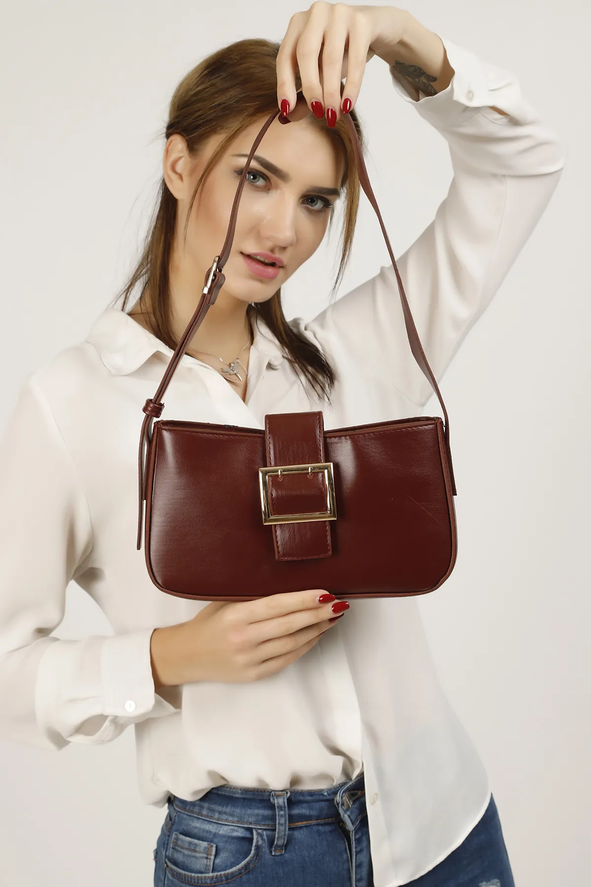 Женская сумка через плечо baguette с магнитной застежкой и пряжкой - бордовый shk bag#1