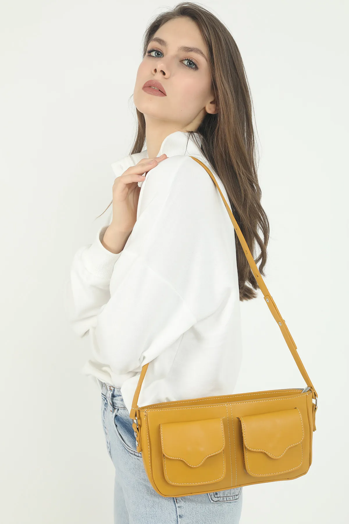 Женская сумка через плечо baguette с карманом - желтый shk bag#1