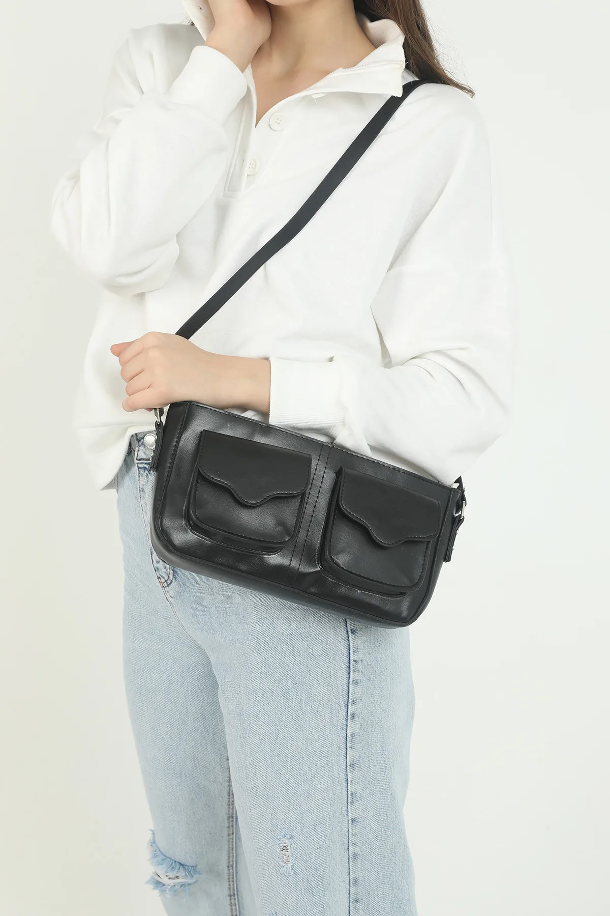 Женская сумка через плечо baguette с карманом - черный shk bag#1