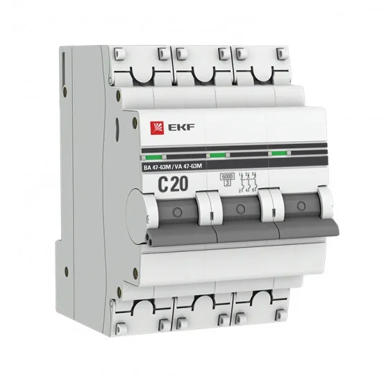 Автоматический выключатель 3P 20А (C) 6кА ВА 47-63M без теплового расцепителя EKF PROxima#1