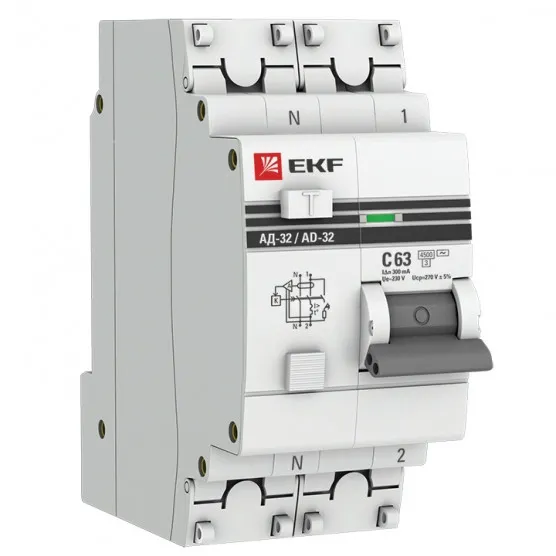 Дифференциальный автомат АД-4 S 63А/300мА (хар. C, AC, электронный) 4,5кА EKF PROxima#1
