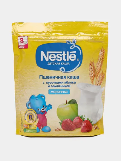 Каша молочная Nestle, пшеничная c кусочками яблока и земляникой, 220гр#1