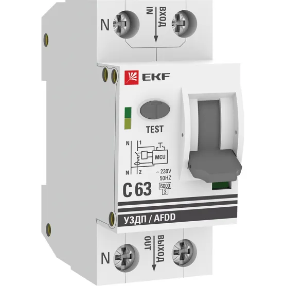 Устройство защиты от дугового пробоя (УЗДП) с автоматическим выключателем 1P+N 63А (C) 6кА EKF PROxima#1