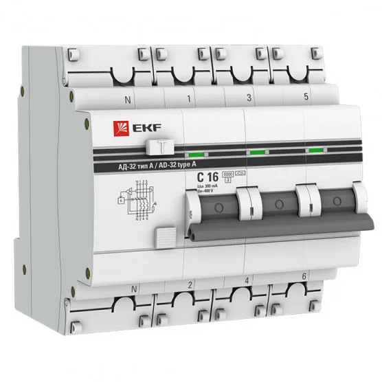 Дифференциальный автомат АД-32 3P+N 16А/300мА (хар. C, A, электронный, защита 270В) 6кА EKF PROxima#1