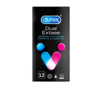 Prezervativlar Durex Dual Extase № 12 (anestetik bilan bo'rttirma)