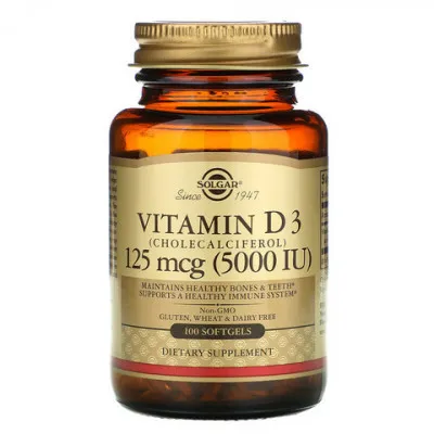 Витамин D3 (холекальциферол), Solgar, 125 мкг (5000 МЕ), 100 капсул