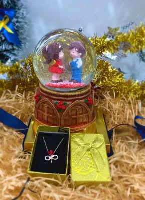 Подарочный набор - музыкальный снежный шар, серебряное ожерелье с красными розами, подарочная коробка n0214 SHK Gift