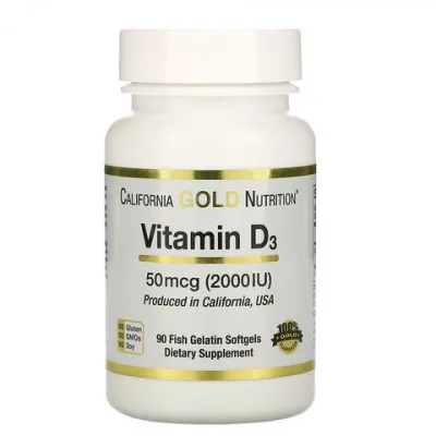 California Gold Nutrition Vitamin D3, 50 mkg (2000 IU), 90 Baliq jelatin yumshoq jeli