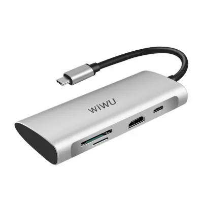 WiWU Alpha 731HP 7 in 1 USB-C to 3xUSB3.0+1xType-C+1xSD+1xHDMI+1xMicro SD USB-C Hub Silver