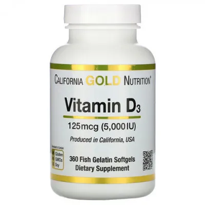 Витамин D3 California Gold Nutrition, 125 мкг (5000 МЕ), 360 рыбно-желатиновых капсул