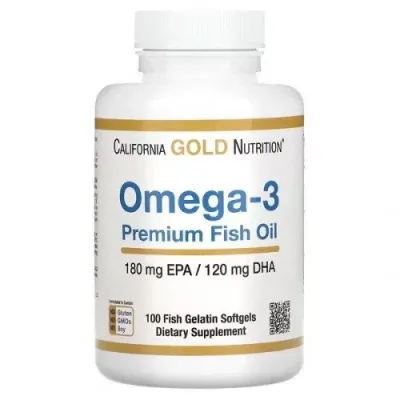 California Gold Nutrition, Omega-3, Omega 3 Premium baliq yog'i, Premium baliq yog'i, 180 mg EPA / 120 mg DHA, 100 baliq jelatin kapsulalari