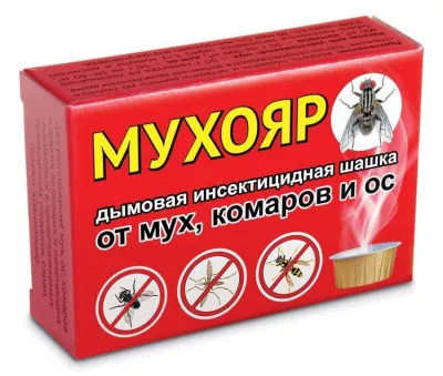Мухояр — дымовая шашка от мух, комаров и ос, банка 50 г в коробке