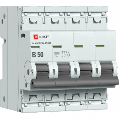 Автоматический выключатель 4P 50А (B) 6кА ВА 47-63N EKF PROxima