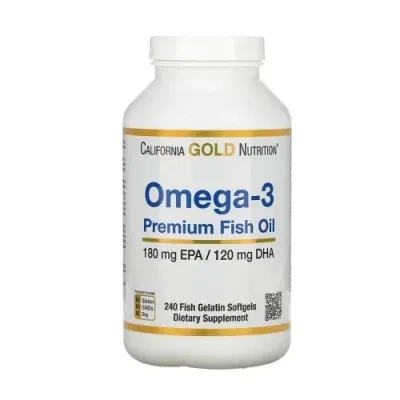 Premium Omega-3 baliq yog'i, Kaliforniya oltin oziqlanishi, 180 EPA / 120 DHA, 240 baliq jelatin kapsulalari