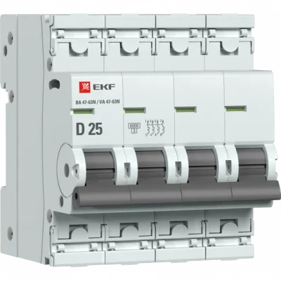 Автоматический выключатель 4P 25А (D) 6кА ВА 47-63N EKF PROxima