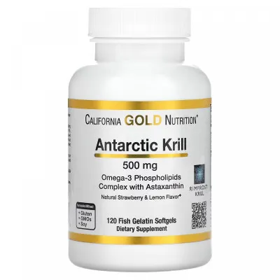 Antarktika Krill yog'i, astaksantinli Omega-3 fosfolipid kompleksi, Kaliforniya oltin oziqlanishi, tabiiy qulupnay limon lazzati, 500 mg, 120 kapsula